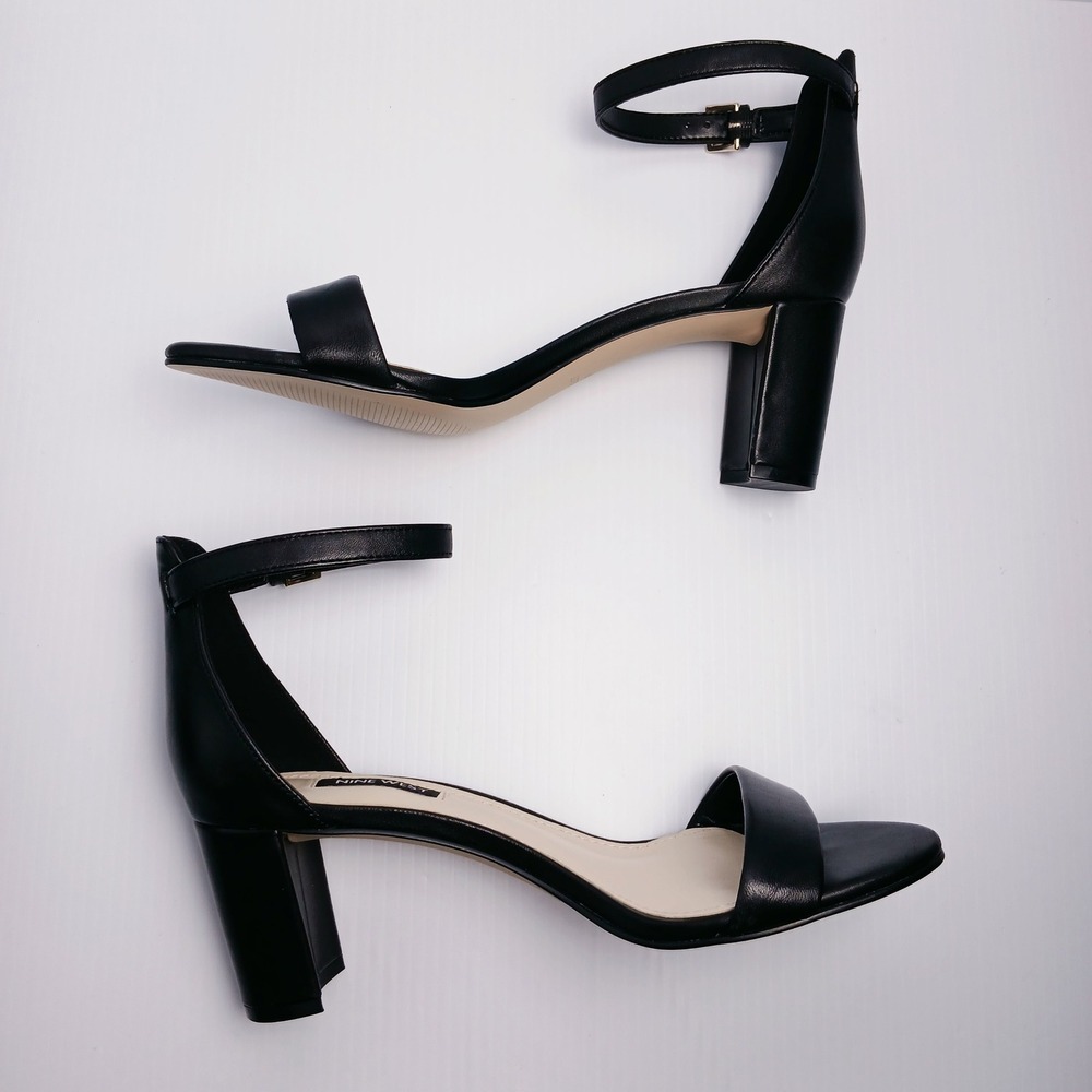 Nine West Womens Pruce Black Leather Block Heel Ankle Strap Sandals 8.5W - Picture 8 of 12